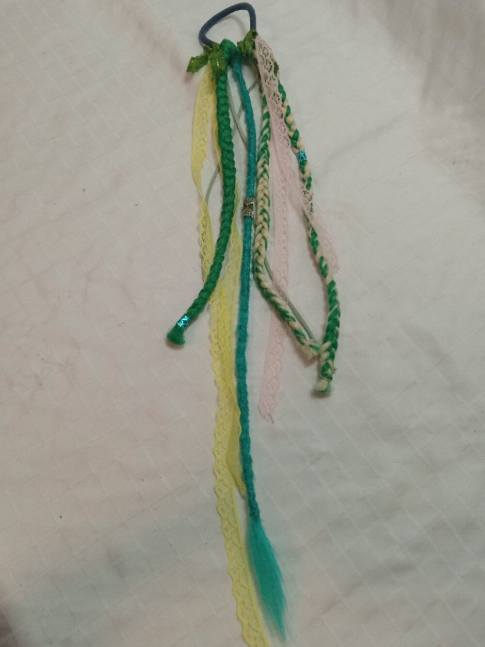 Handmade bohemian hair accessory with dreads, braids, lace ribbons & decorations
